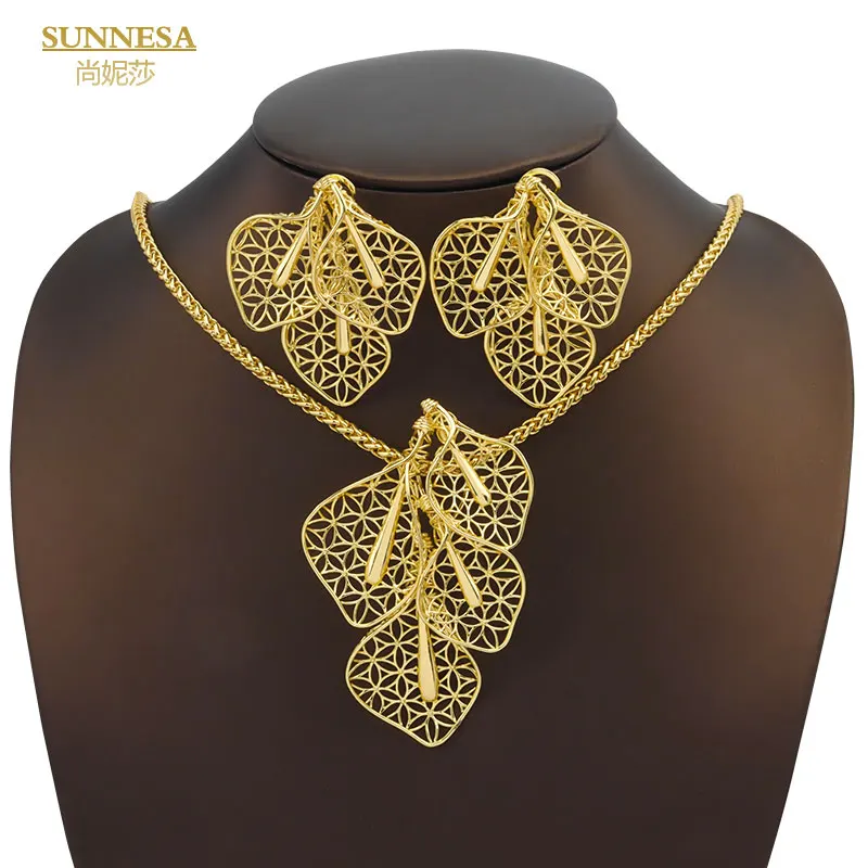 SUNNESA Design 18k Gold Plated Necklace Earrings Pendant Ring Bracelets African Trendy Luxury Dubai Jewelry Set For Women Party