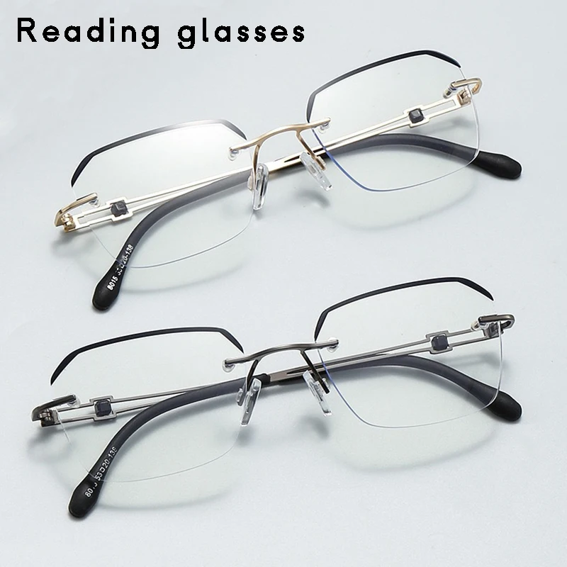 Anti blue light Men's Rimless Reading Glasses ,Square Business Frameless High-end Presbyopia glasses (Grey,Gold Frame) R235