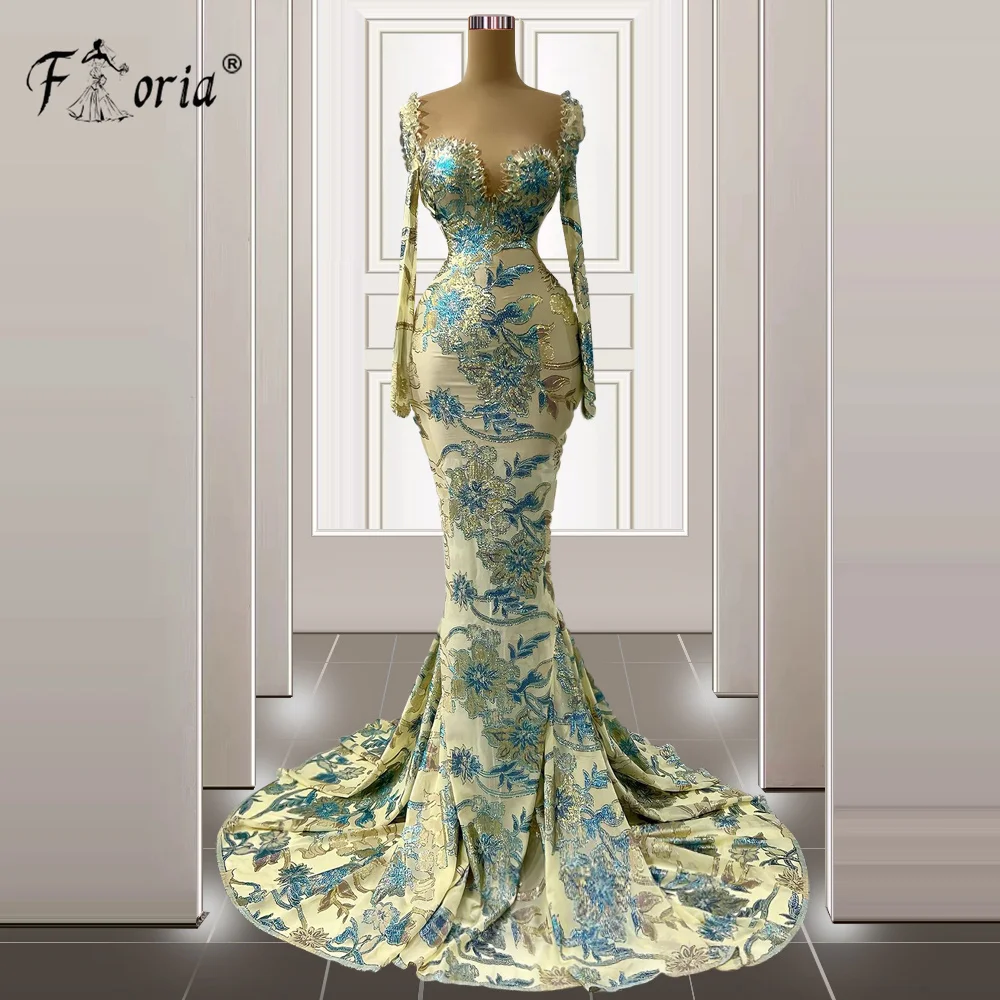 Vintage Newest Dubai Mermaid Formal Evening Dress Gorgeous Floral Emboidery Long Sleeve Couture Celebrity Party Gown Robe Mariee