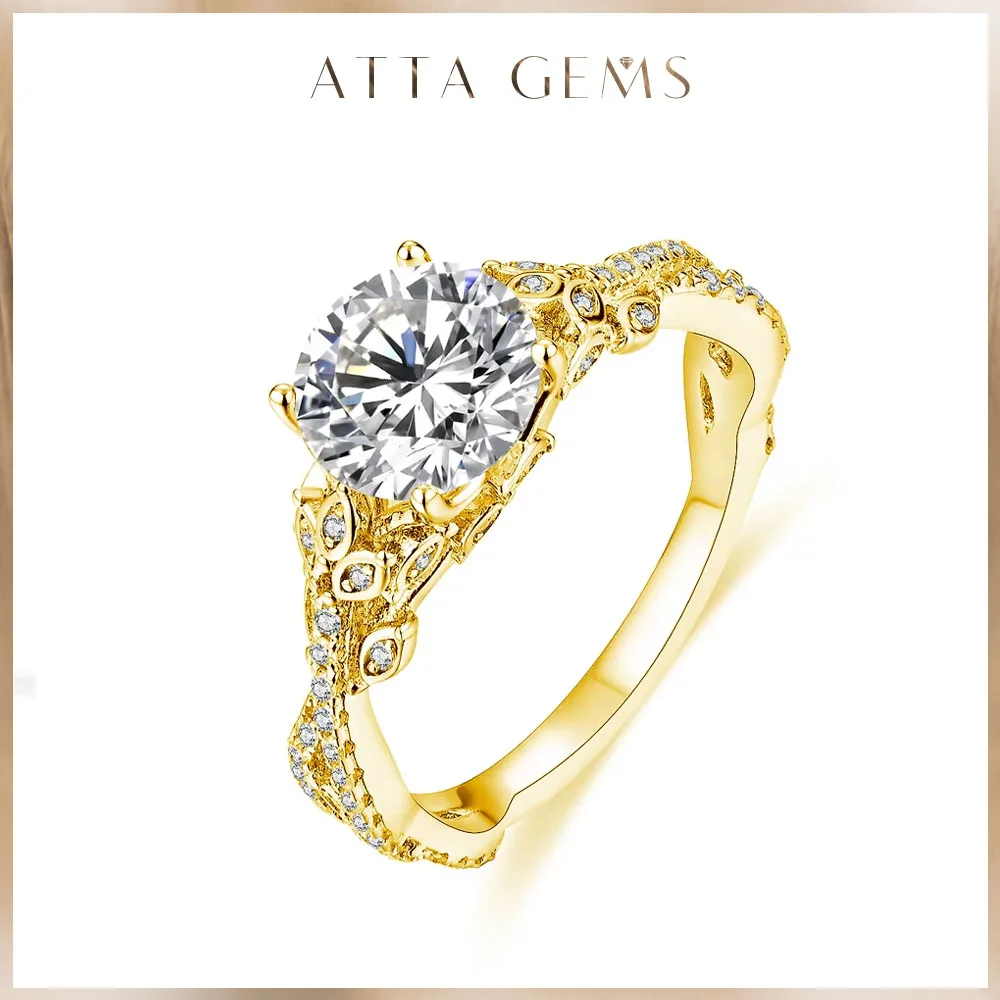 ATTAGEMS 2.0CT Moissanite Rings Round Cut D Color VVS1 Pure 18K 14K 10K Gold Plated Engagement Wedding Diamonds Rings For Women