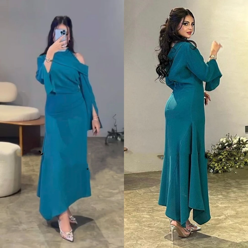 Mulheres cetim drapejado vestido de baile A, Arábia Saudita Prom vestido, gola alta Midi vestidos, ocasião sob medida