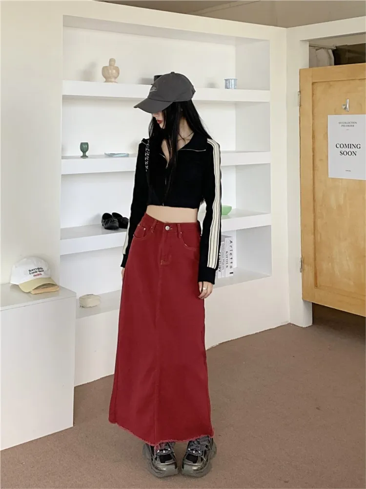 Denim Spring Autumn Long A-Line Skirts Women Retro Modis High Waist Split Pleated Ladies Skirts Korean Style Casual Woman Skirts