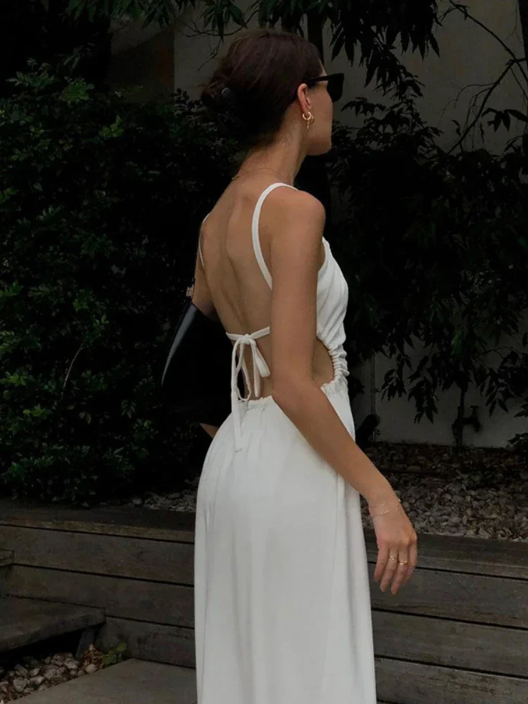 

064 White Midi Backless Summer Dress Waist Drape Halter Beach Dress