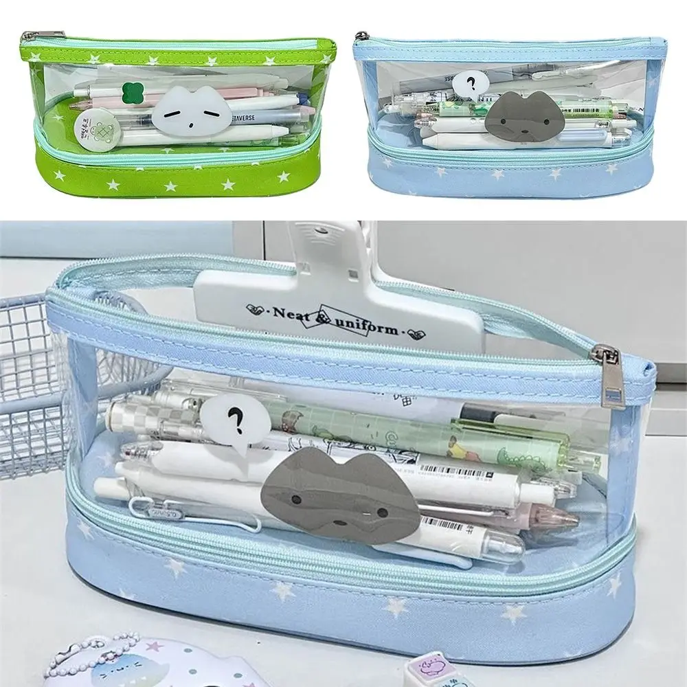 

Large Capacity Transparent Pen Bag Star Kitten Pattern Vertical Base Stationery Bag Double Layers Pencil Case Students