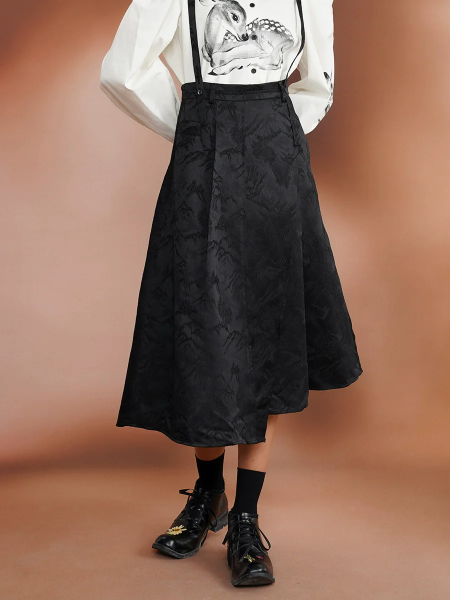 Spring Autumn Original Design Women Black Asymmetrical Jacquard Skirt