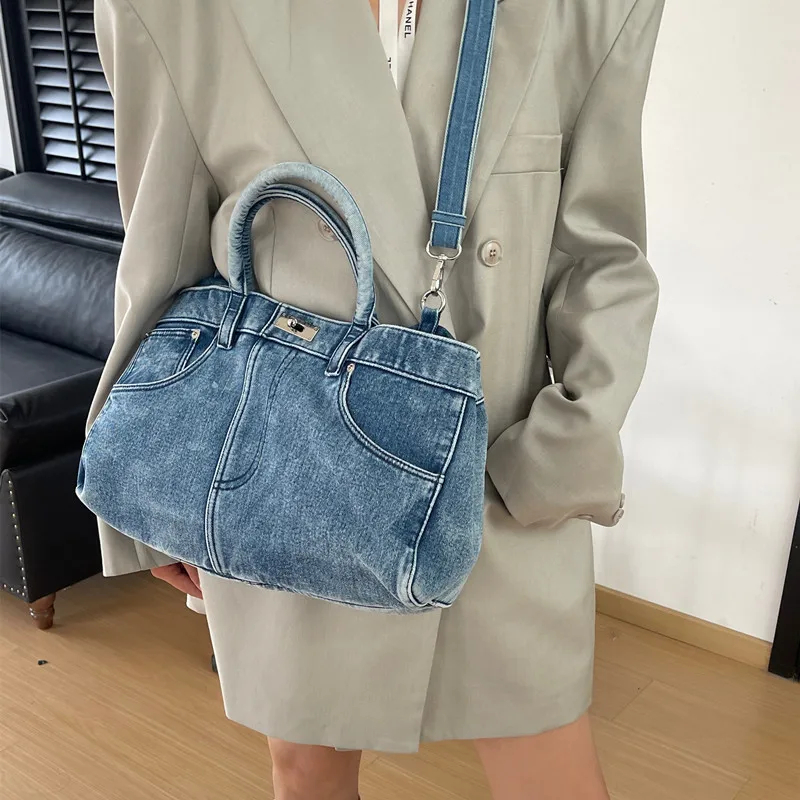 Vintage Denim Tote Bags For Women Luxury Designer Handbag Purses 2024 New In Large Capacity Simple Commuting Shoulder Crossbody