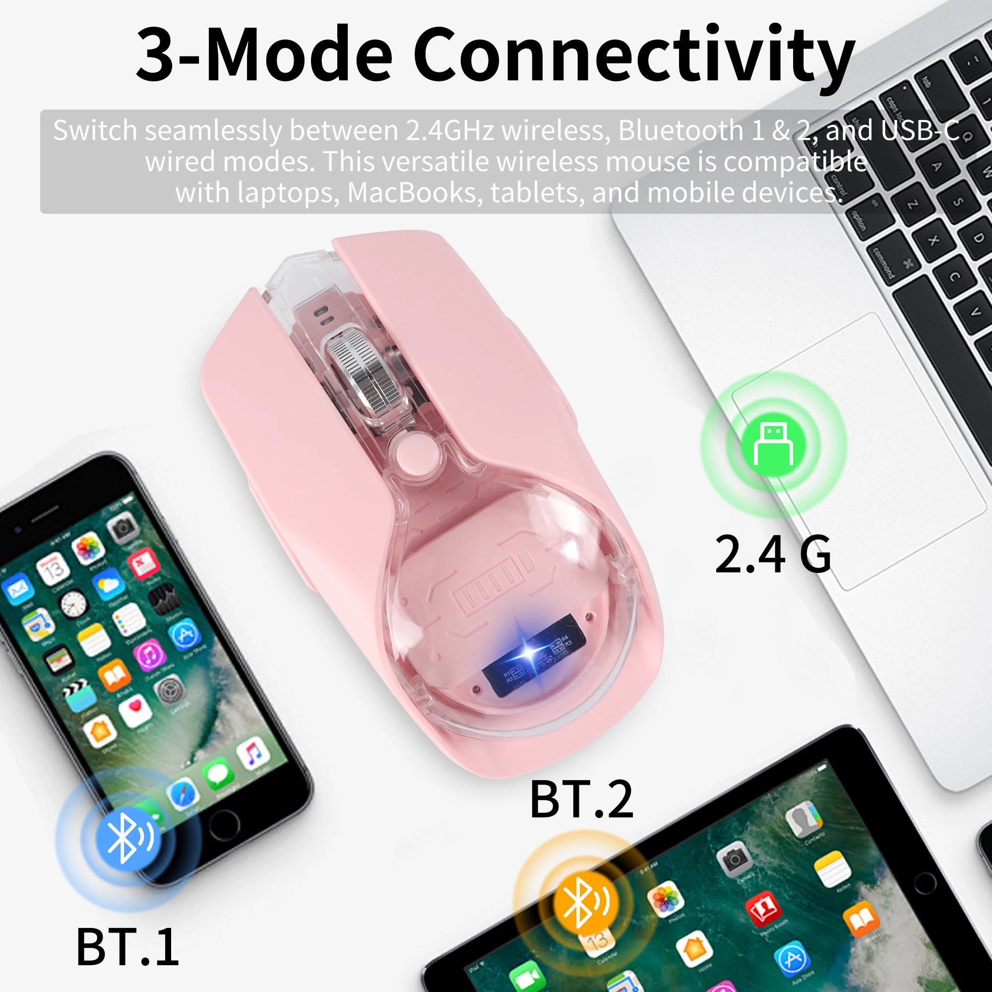 RGB Backlight Wireless Mouse 2.4G/Bluetooth/Wired Tri-Mode Rechargeable Transparent Computer Gaming Mice 3200DPI For Laptops PC