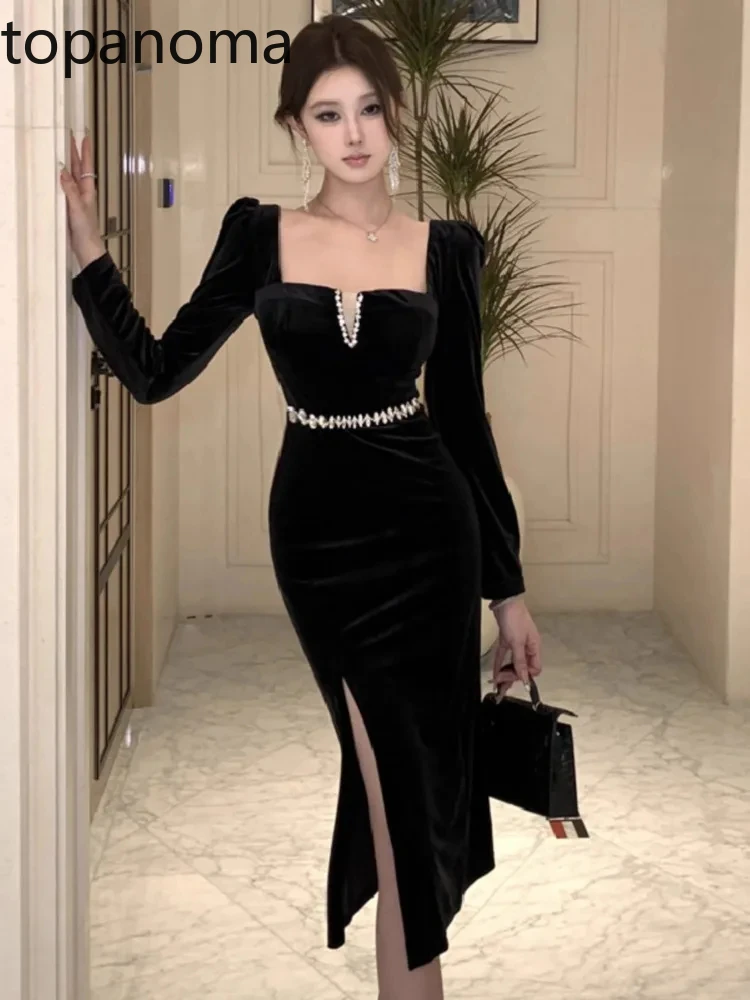 Topanoma Cocktail Evening Dresses Women Square Collar Long Sleeve Velvet Rhinestone Vintage Banquet Dress Ladies Party Chic