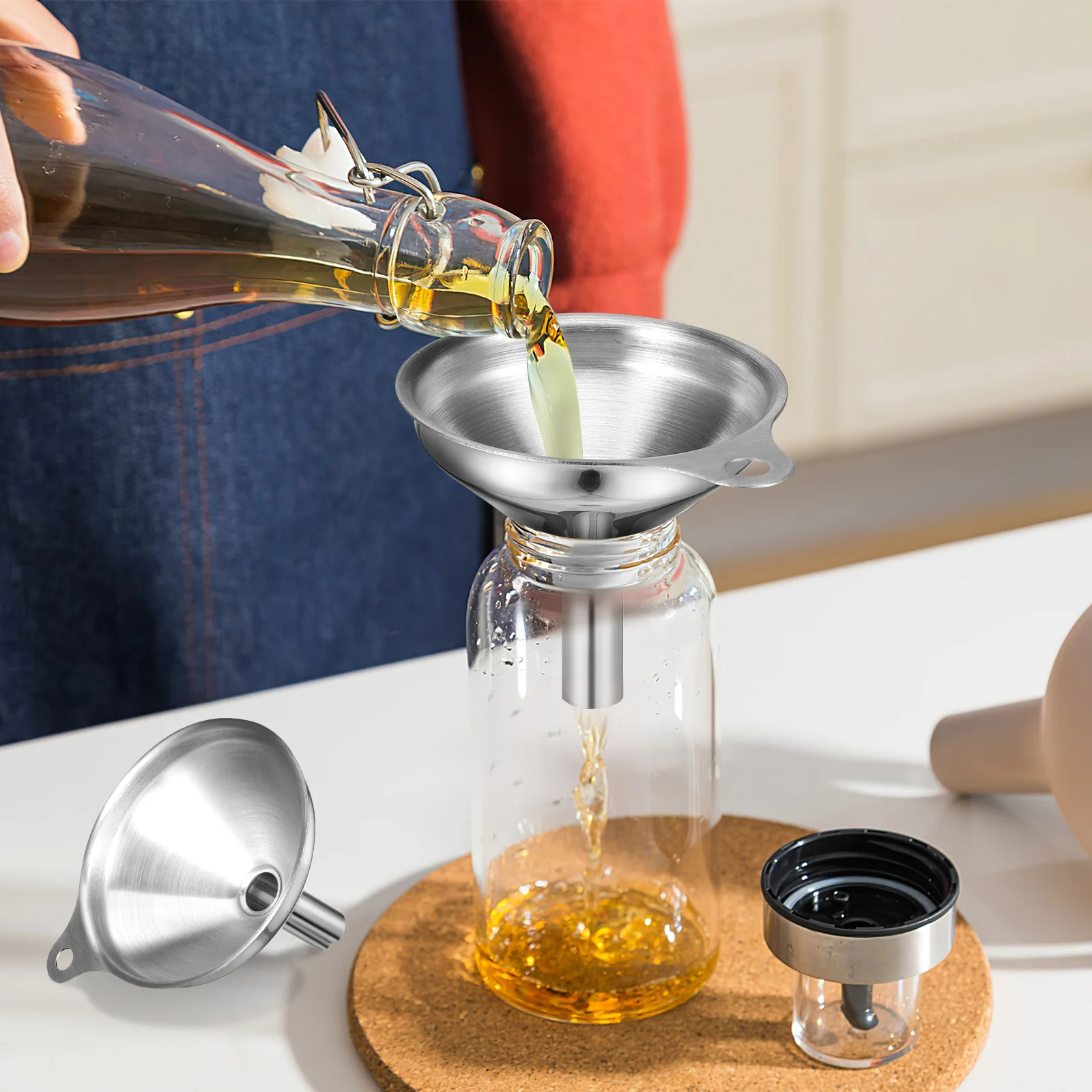 

1Set Stainless Steel Kitchen Funnels Various Sizes Easy Maintenance Cleaning Brush Wide Application Kitchen Funnel