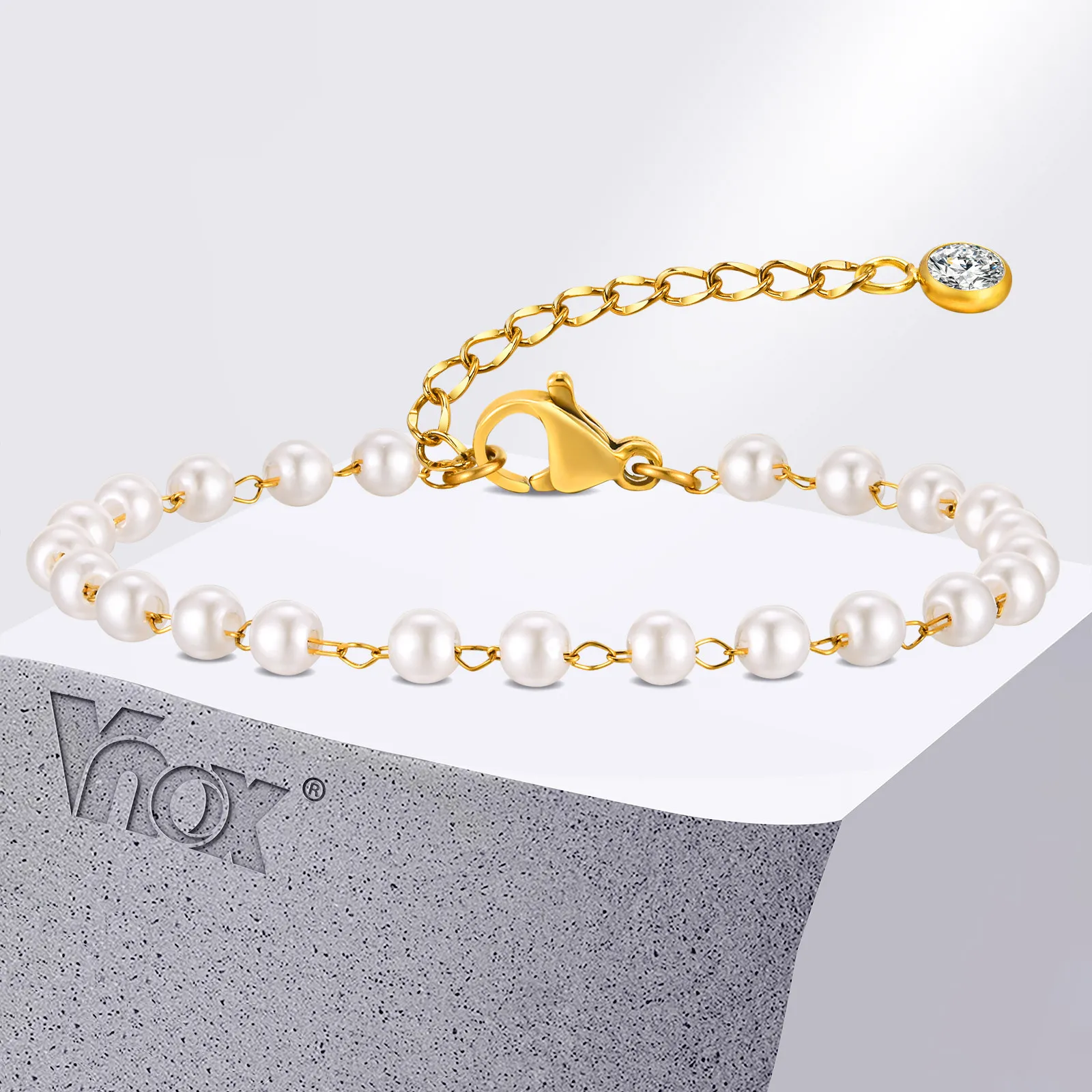 Vnox Women Girls 4mm Immitation Peals Bracelets, Adjustable Gold Plated Stainless Steel Chain Bracelets Gift