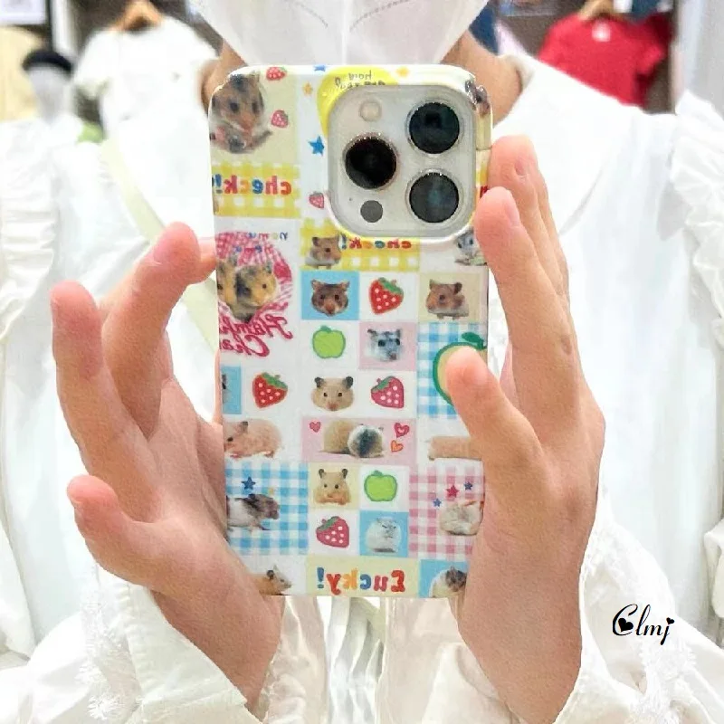 Clmj Cute Hamster Animal Strawberry Phone Case for iPhone 16 15 14 13 12 11 Pro Max XS XR XSMax 6 7 8 Plus Glossy HD Cover Y2K