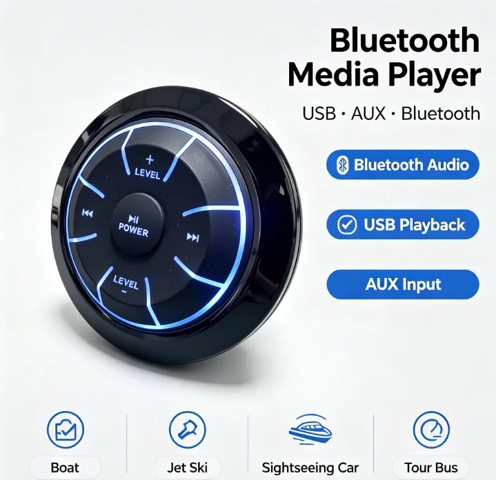 Waterproof Mini stereo device, supports Bluetooth, USB, and AUX, perfect for boats and sightseeing vehicles, easy to install