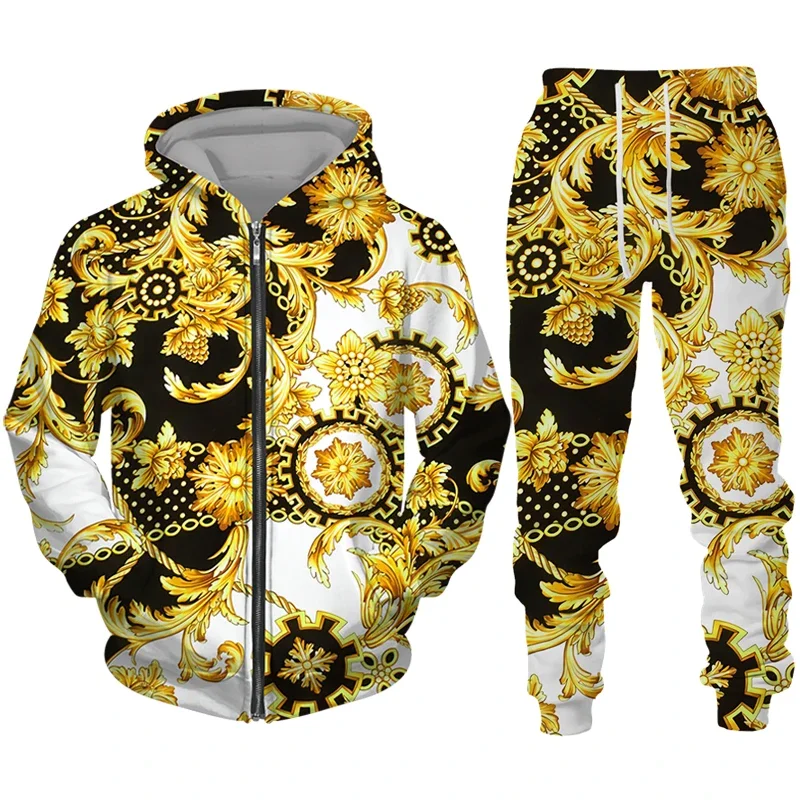 Men Zipper Tracksuit Set Luxury Golden Pattern 3D Printed Casual Hoodie+Pants 2pcs Sets Oversized Sweatshirt Fashion Men Clothes