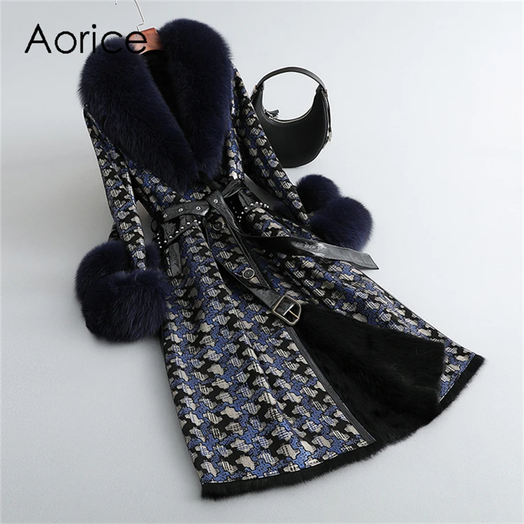 Aorice inverno longo coelho pele linging casaco jaqueta feminina gola de pele de raposa casacos senhora sobre o tamanho parka trincheira ct287