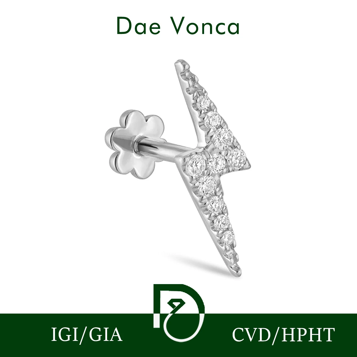 Round Cut Lightning Bolt Single Earring Lab Grown Diamond CVD HPHT 18K 14K 9K Solid Gold Threaded Stud Earring
