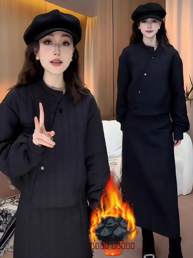 

Корейский комплект из хлопковой юбки-джата в Корейском стиле, женский повседневный зимний модный костюм-футболка, теплый универсальный костюм с наполнителем