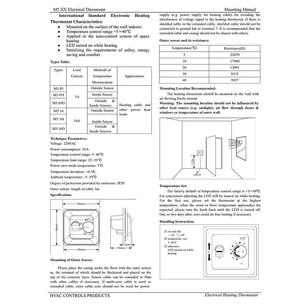 Thermostat for Room Temperature Control with External and Built in Sensors Suitable for Electric Hot Water and Gas Heating