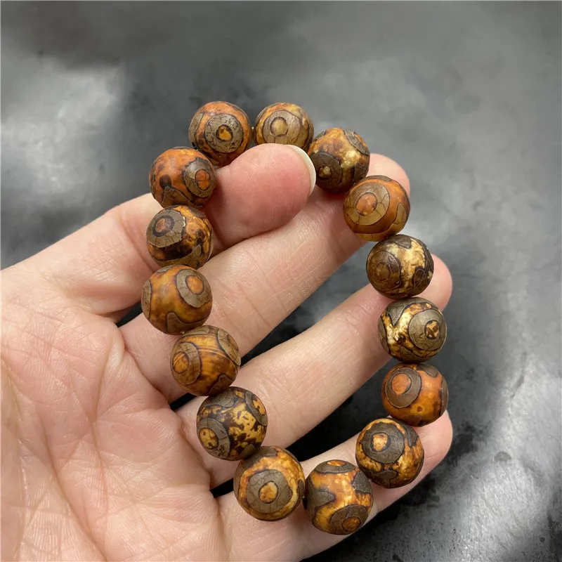 14Mm Tibetan Old Three-Eyed Dzi Agate Bead Bracelet
