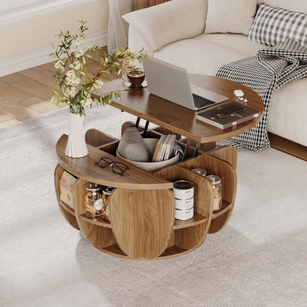 

Lift Top Coffee Table with Storage, Wood Round Center Table with Hidden Storage Compartment & Shelves, Mid Century Modern C
