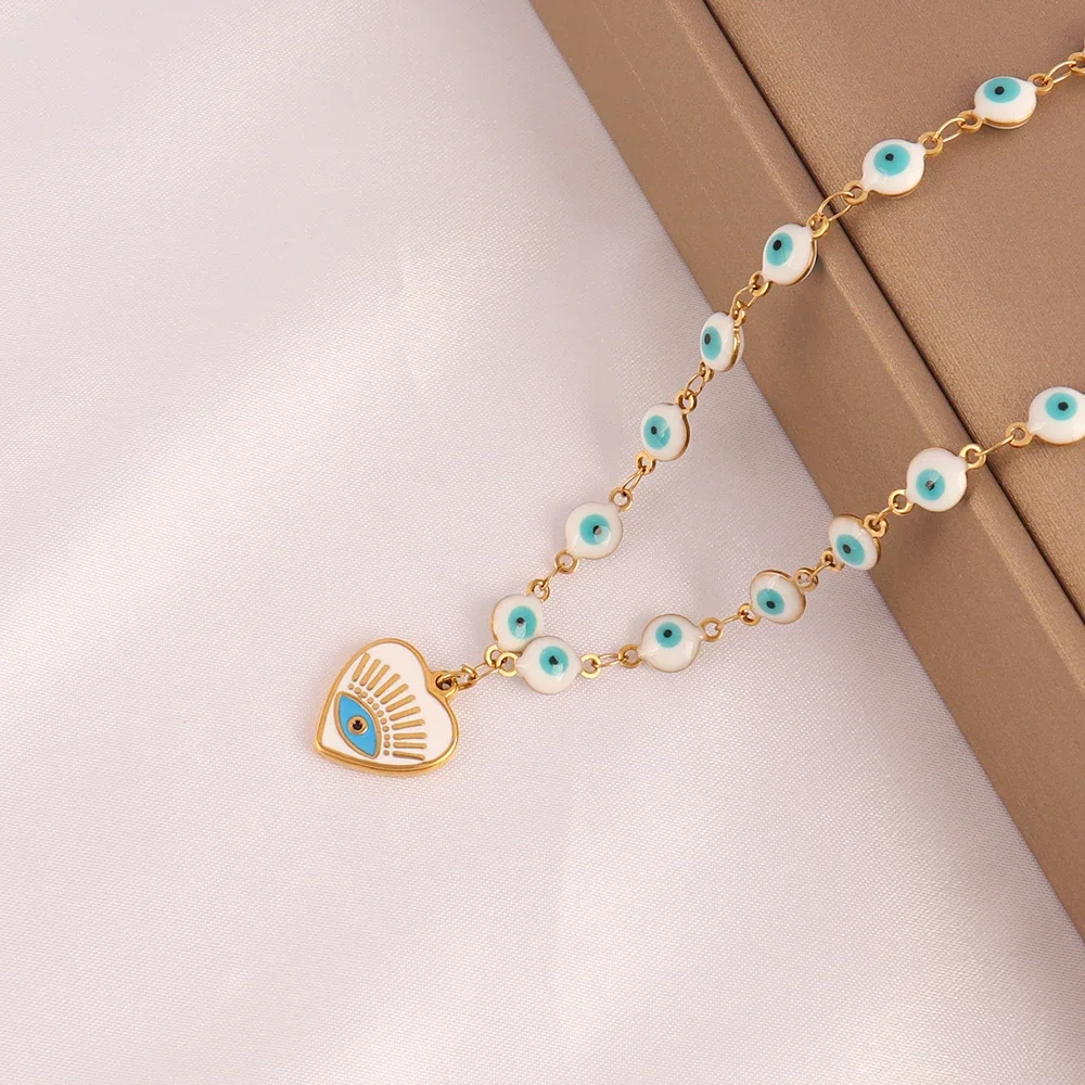 Blue Color Evil Eye Charms Necklace for Women Men Stainless Steel Lucky Turkish Eye Pendants Chain Necklace Choker Jewelry Gifts