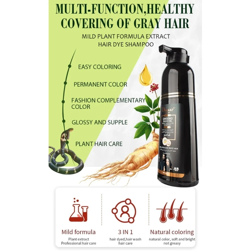 Farba do włosów kolorze czarnym, szampon do farbowania włosów, ekstrakt żeń-szenia do pokrycia siwych, białych włosów