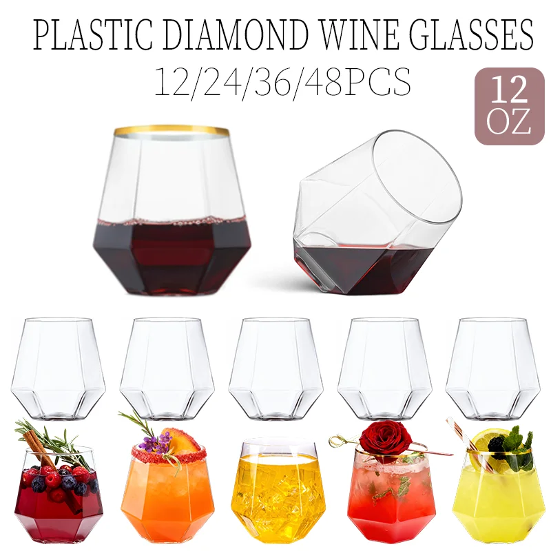 12-48PCS Plastic Wine Glasses Diamond Shape 12oz Disposable Plastic Cups Whiskey Cocktail Cups for Party Birthday Gathering Bars