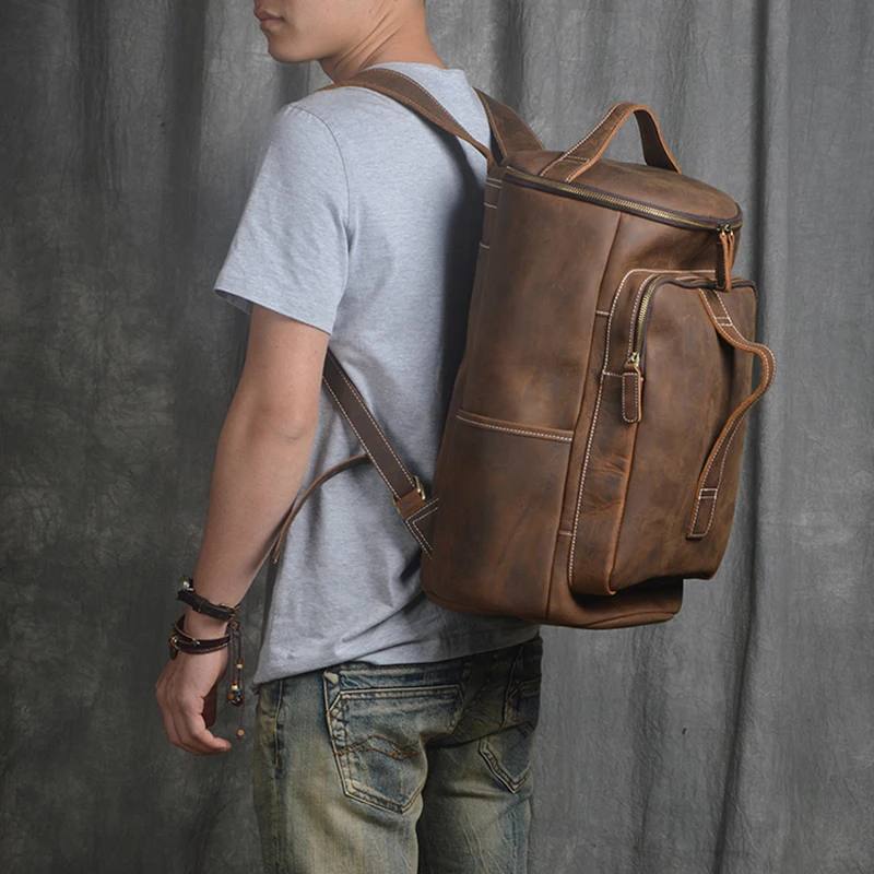 Rucksack Travel Bag Leather Backpack Laptop Men Genuine 15inch Crazy Horse Leather Backpack