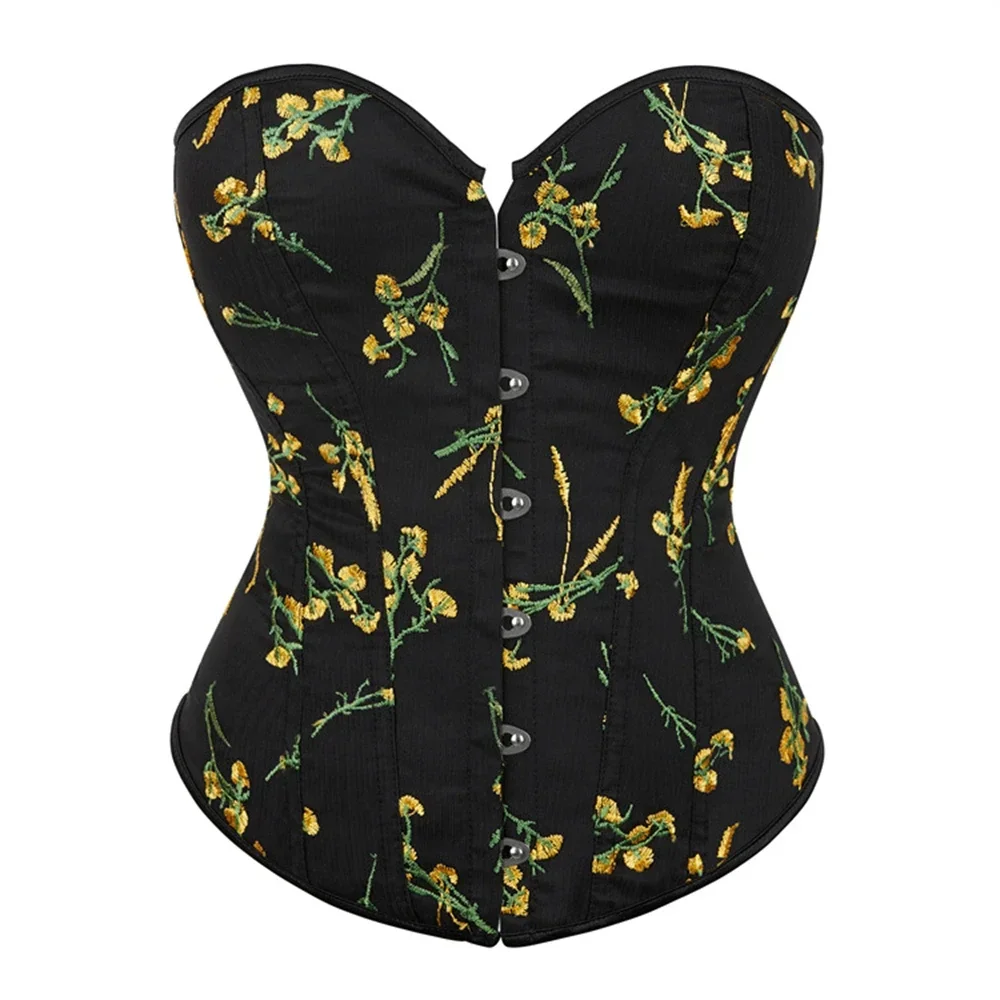 

Women Vintage Overbust Corset Gothic Lingerie Sexy Flower Embroidery Plastic Bones Lace-up Body Shaper Bustiers Top