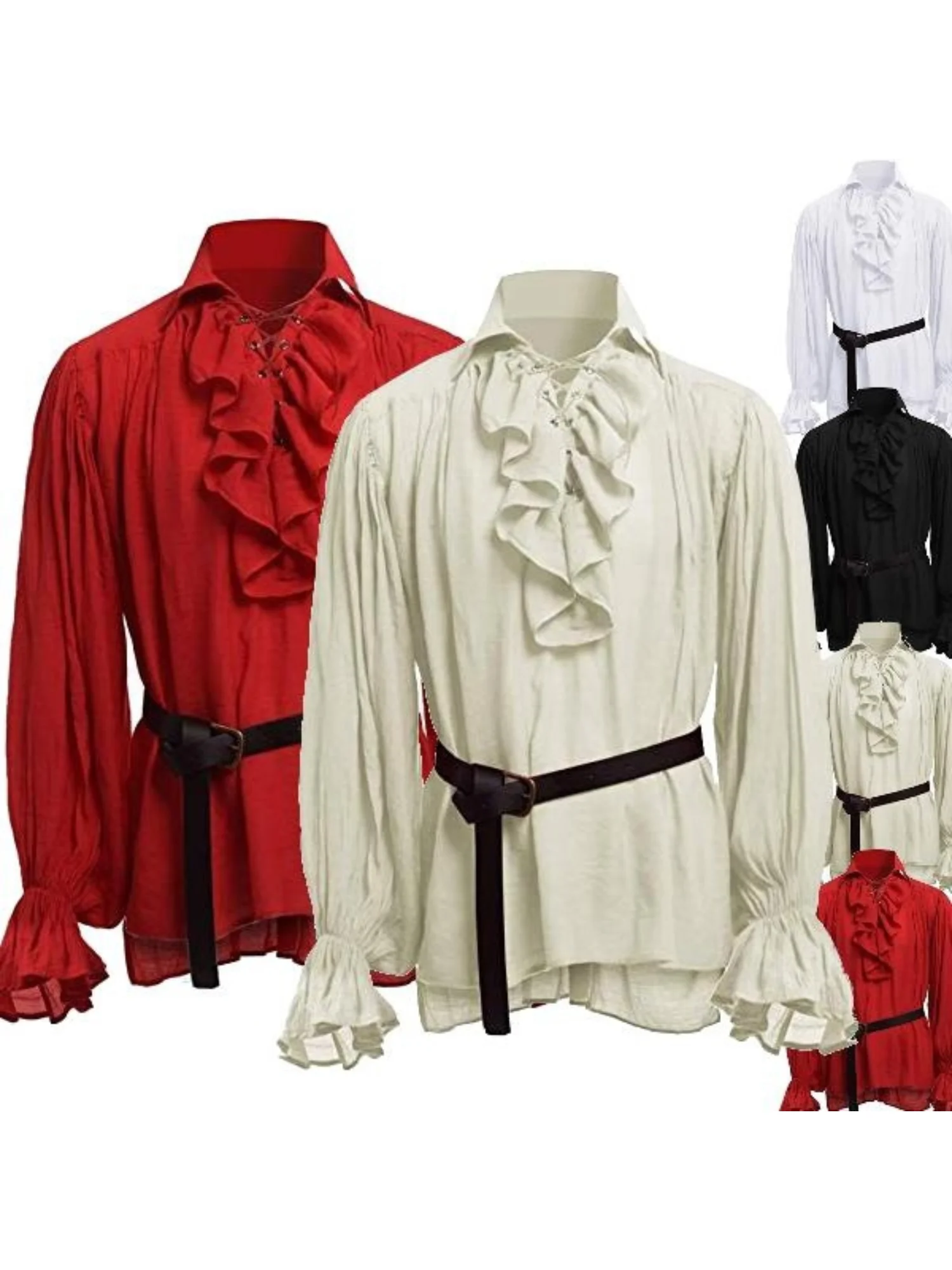 Groothandel Middeleeuwse Renaissance Vetersluiting Shirt Bandage Tops Ruches Shirt Mode Mannen Vintage Kostuum Pluizige Lange Mouw Mannelijke - afbeelding 2