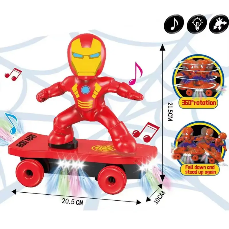 Spiderman Skateboard Rotasi Flip Otomatis Mobil Acousto-optik Mainan Anime Skuter Aksi Musik Listrik Hadiah Ulang Tahun Natal