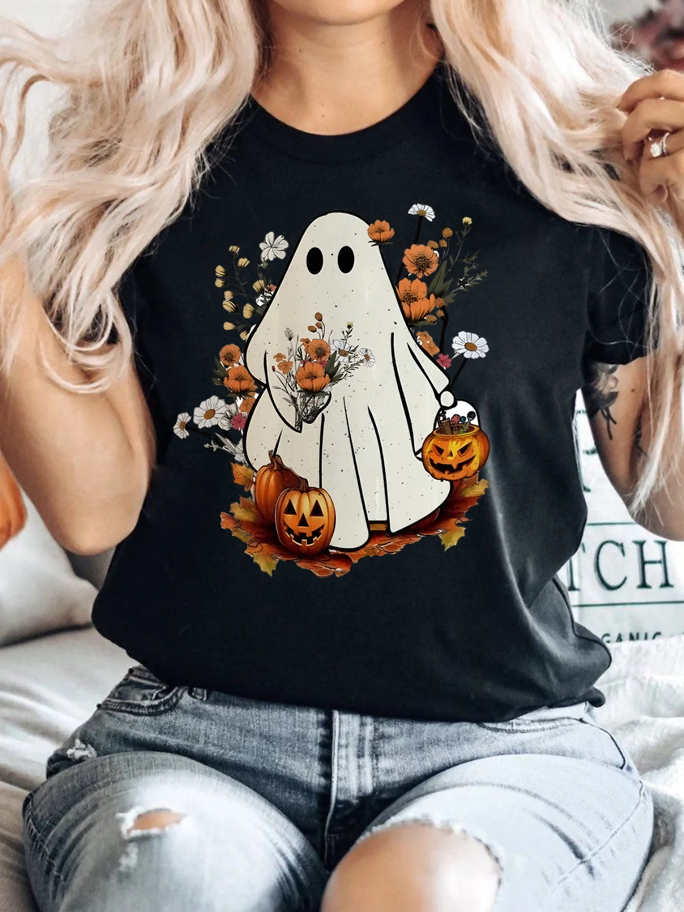 تي شيرت مطبوع عليه The Halloween Skeleton Pumpkin and Ghost كاجوال برقبة دائرية وأكمام قصيرة للملابس الجمالية لربيع وصيف
