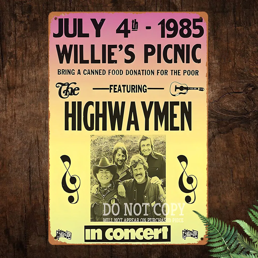 De estaño de metal vintage - Willie Nelson 1988 picnic cartel de música retro arte de pared, decoración duradera de estilo campestre en pulgadas para farmho