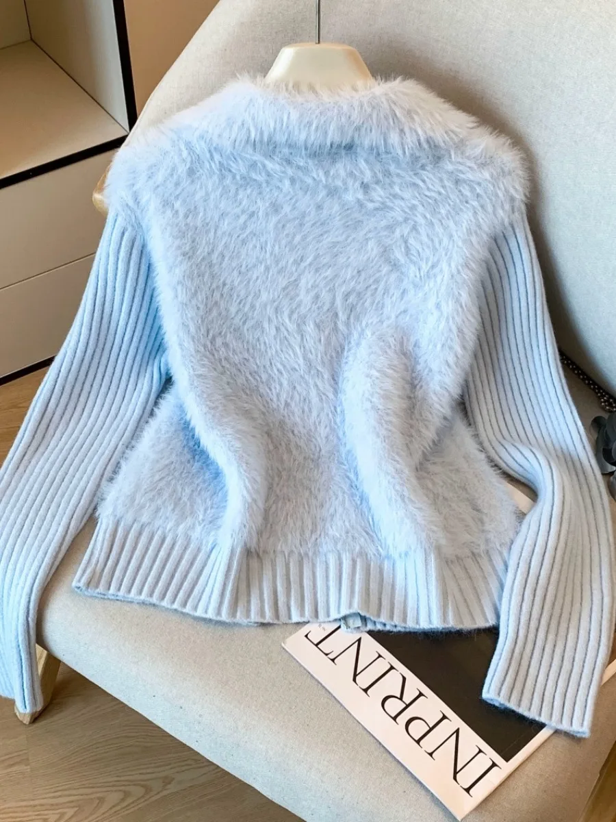 Water Rabbit Fur Jaet Women's Autumn Winter New Sle Double Zipper Open Cardigan Turn-down Collar Sweater Korean Sle Sli...