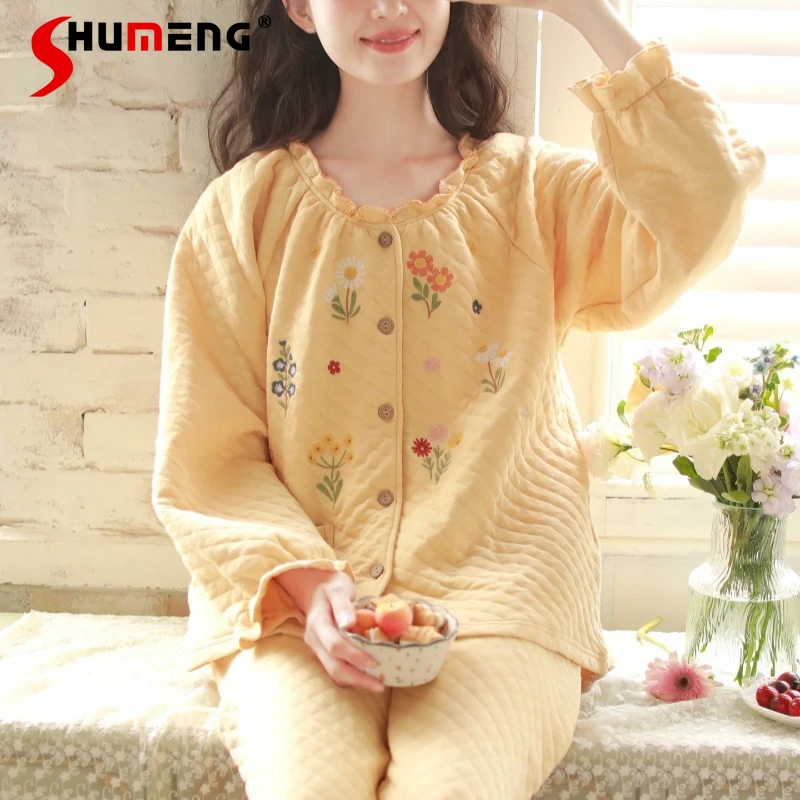 مجموعة ملابس منزلية مطرزة لطيفة وجميلة للسيدات للخريف والشتاء على الطراز الياباني بيجامات نسائية سميكة ودافئة مبطنة للاستلقاء #4