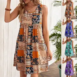Ethnic Style Women Sleeveless Geometry Plaid Print Dress Summer Plus Size Loose Mini Dress Casual Tank Female Retro A-Line Dress
