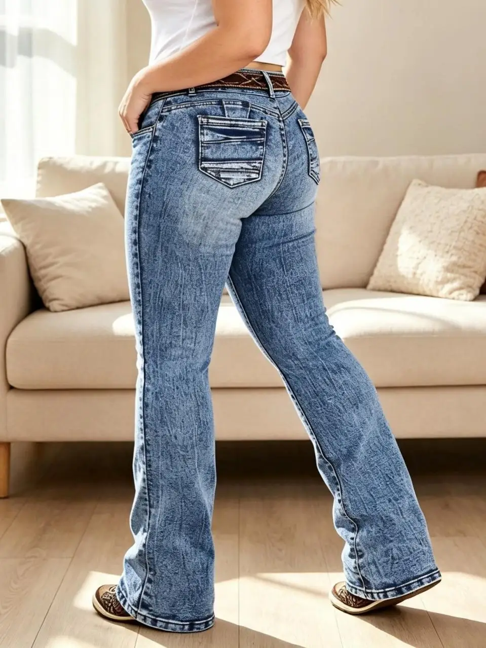 【HME】Jeans | Vintage Snow Wash Denim Pants For Ladies, Mid-Rise Bootcut Flare Denim Jeans With Contrast Stitching & Flap Pockets, Figure-Flattering Stretch Fabric, Retro Western Pants Suitable For Outings And Casual Daily Wear