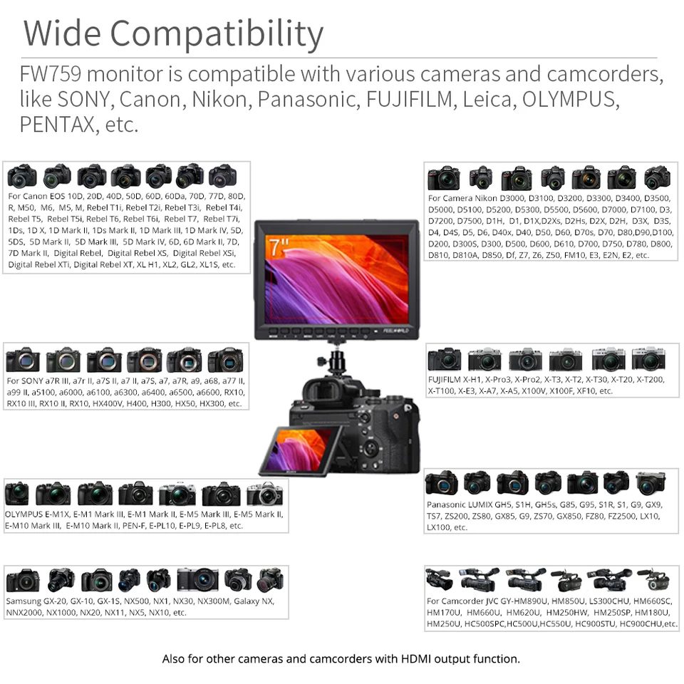 FEELWORLD FW759 7 Inch DSLR Camera Field Monitor 4K HDMI AV Input IPS HD 1280x800 LCD Display Video Assist Protable for Camera