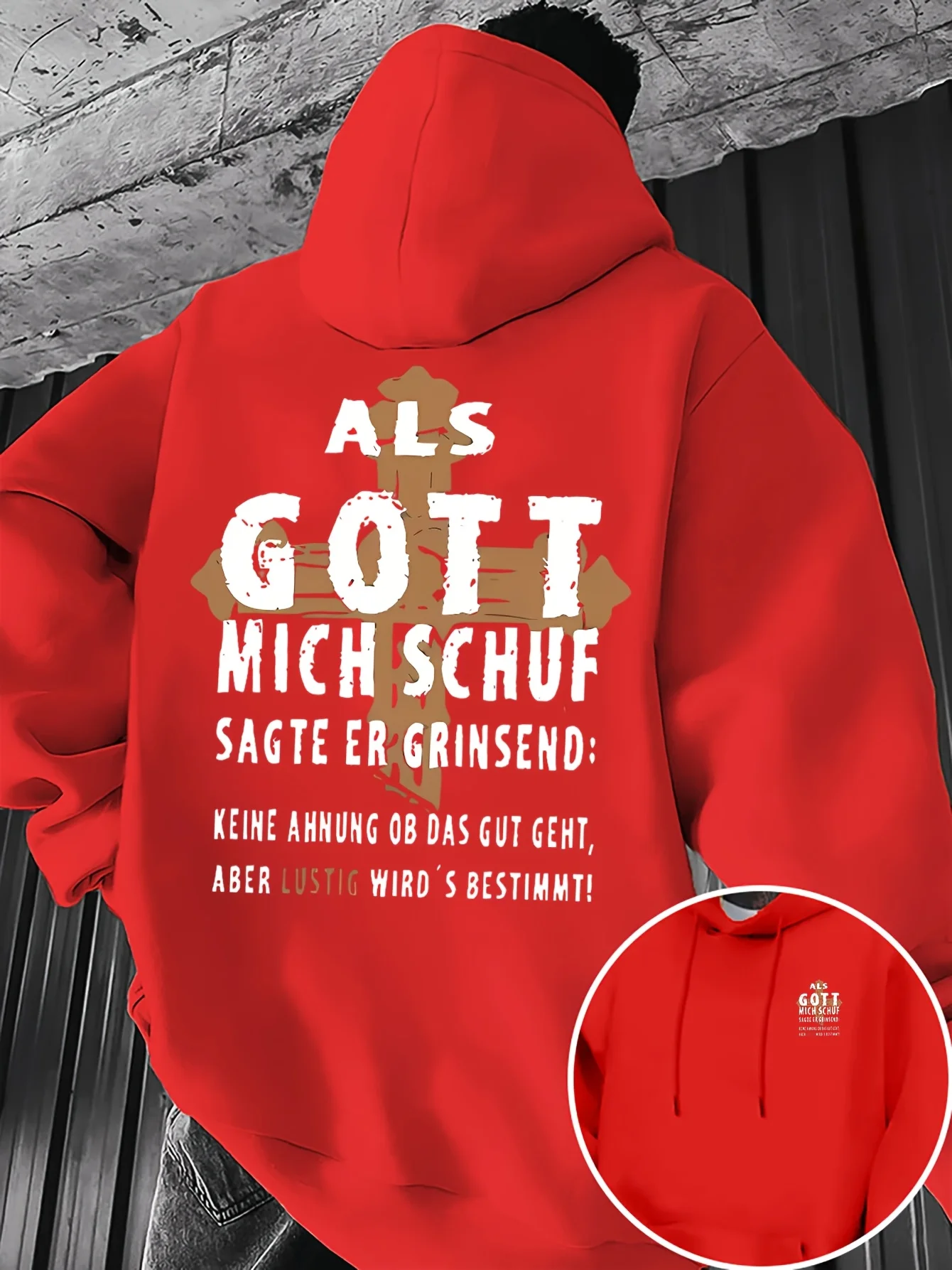 Men's German-style cross hooded sweatshirt, double-printed distressed cross German text print pullover, street casual top