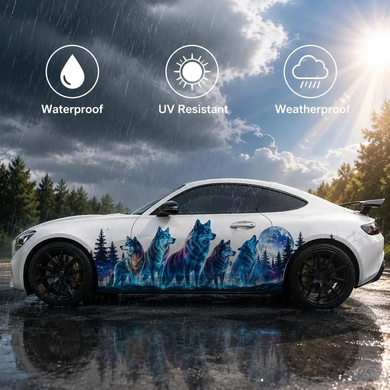 2PCS Blue Wolf Pack Forest Car Side Decals, Waterproof UV Resistant Wildlife Vinyl Stickers for Cars Trucks SUV