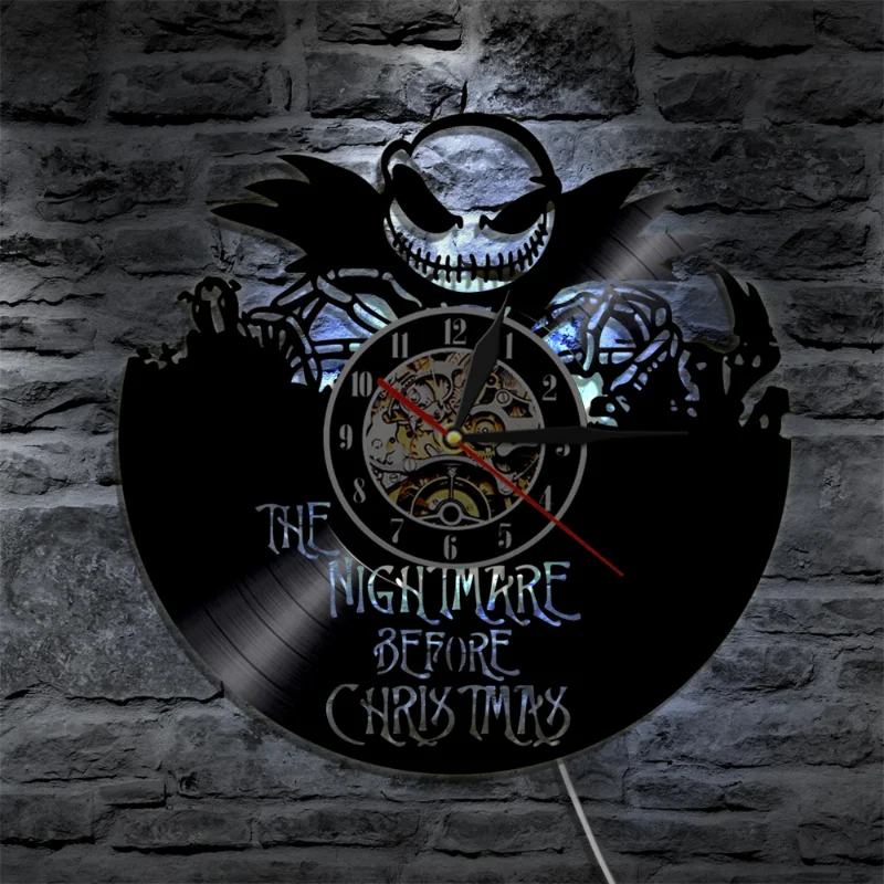 Nightmare Before Christmas Vinyl Record Wall Clock for Home Theater Movie Room Decor Cartoon Characters Halloween Clock Gift Toy