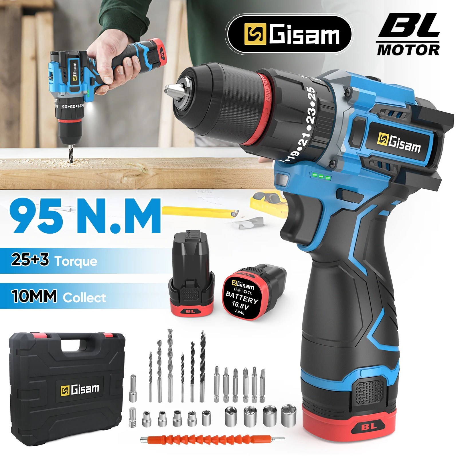 Trapano avvitatore elettrico a impulsi senza spazzole Gisam 25+3 con coppia di 95 N.M, cacciavite elettrico a batteria 3 in 1 ​ 24 pezzi di accessori portatili per trapano da falegnameria, utensili