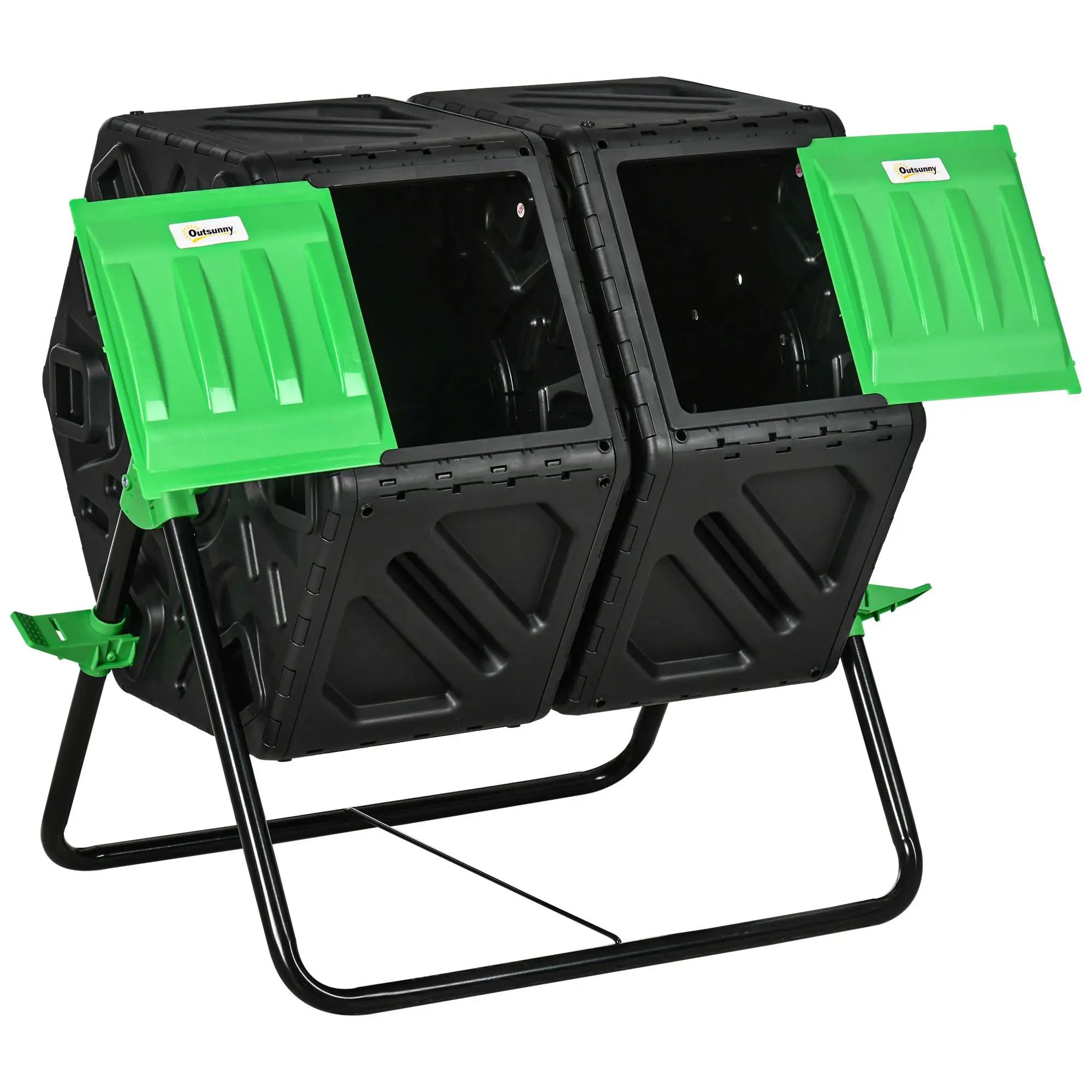 Composteur 130L double compartiment 360 °   Base en acier rotative avec 24 trous de ventilation, en plastique PP pour jardin, couleur noire