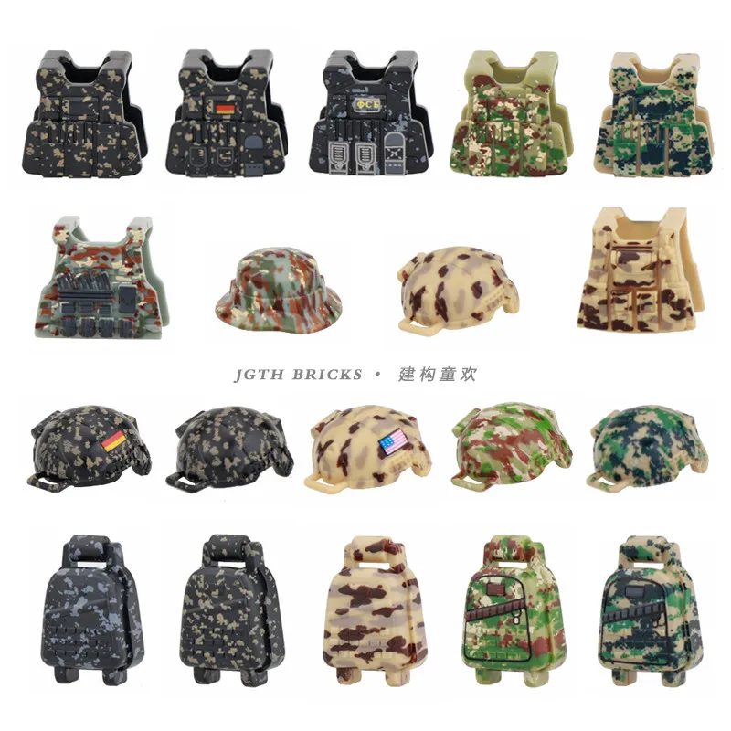 Military Army Soldier Figures Accessory Building Blocks Tactical Special Forces Vest Backpack Helmet Shield Barrel Bricks Toys