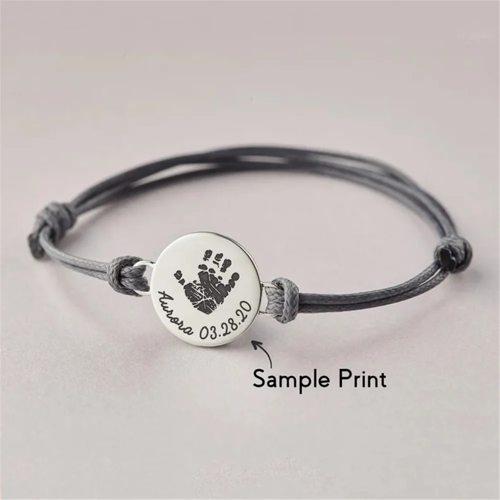 Custom Bracelets Personalized Adjustable Rope Bracelet Women Engraved Baby Footprint Handprint Stainless Steel Jewelry Mom Gifts