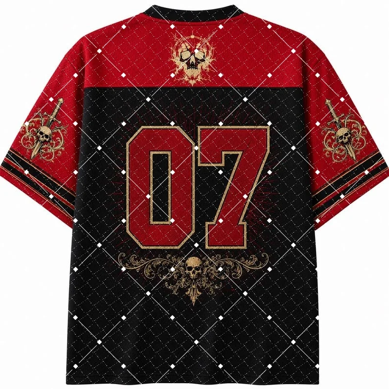 Memento Mori Horned Skull Print V‑Neck Jersey T‑Shirt Gothic Dark Death Theme Short Sleeve Loose Hip Hop Streetwear Sport Tee