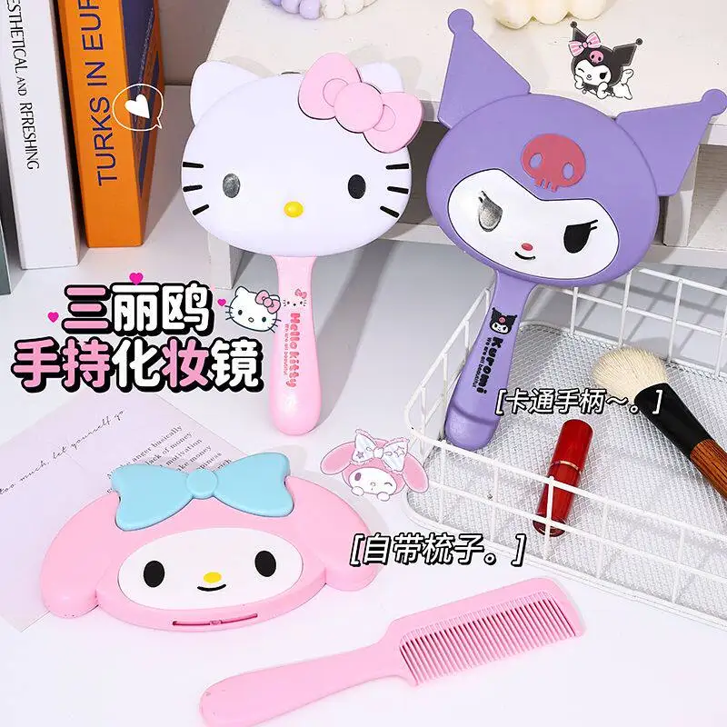 Sanrio Hello Kitty Handheld Mirror Comb Set Kuromi My Melody Kawaii Kuromi Mirror Portable Comb Mirror Christmas Birthday Gifts