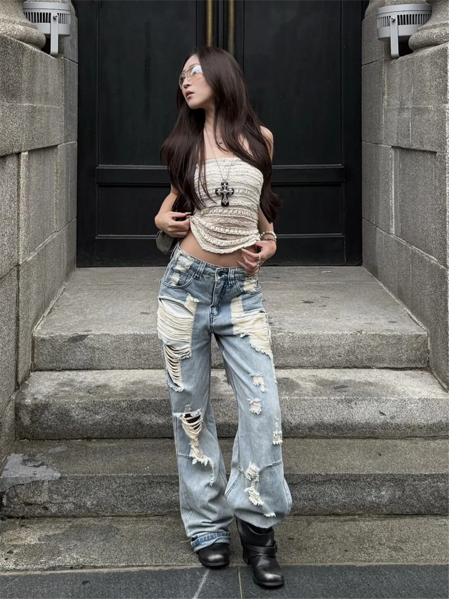 

American Street Style Millennial Hot Girl Ripped Denim Jeans Women Summer Thin Loose Drapey Wide Leg Straight Cut Pants