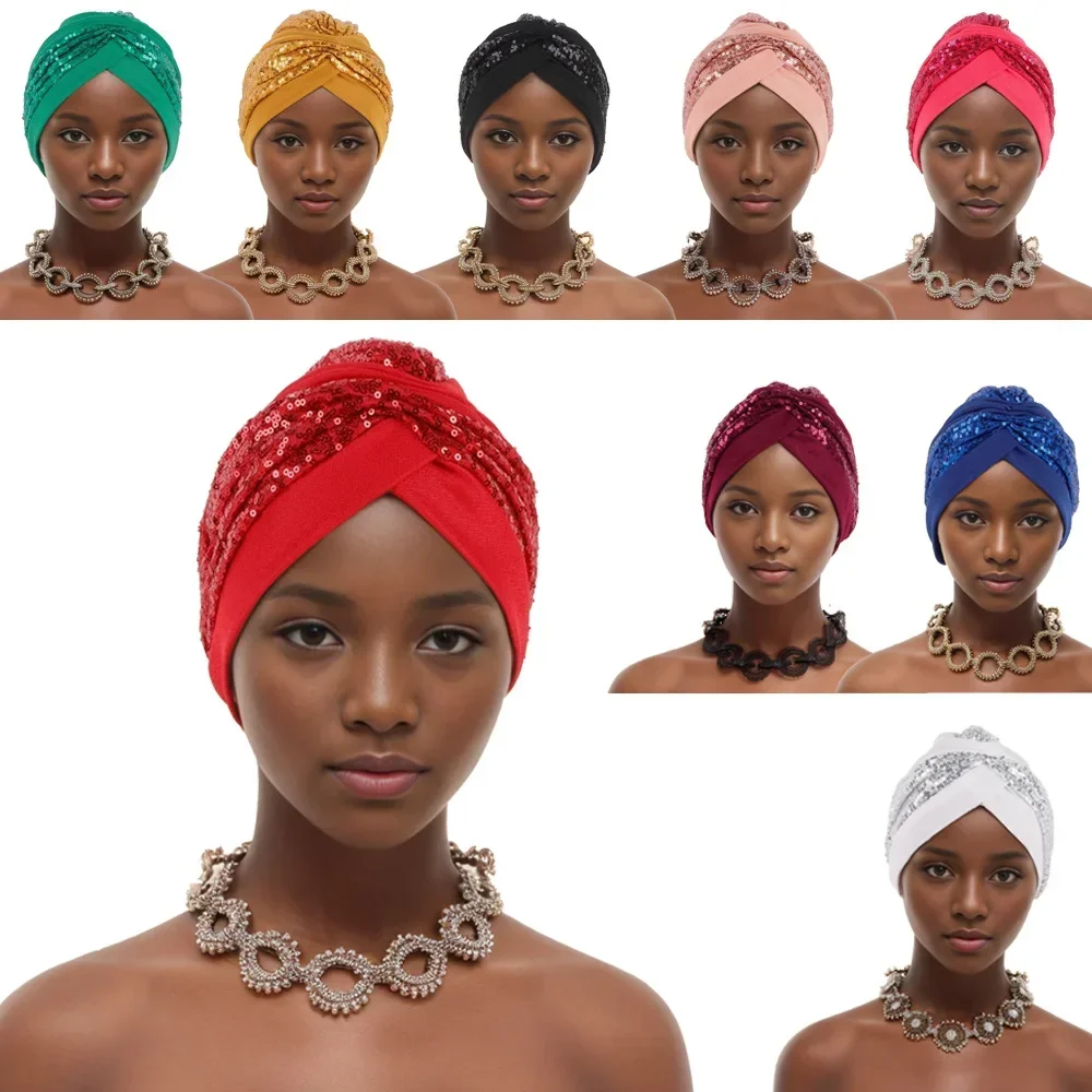 Musulmano Hijab Berretti Interni Donne Paillettes Berretti Turbante Africano Testa Femminile Avvolge India Cappello Islamico Copricapi Perdita di Capelli Chemio Cofano