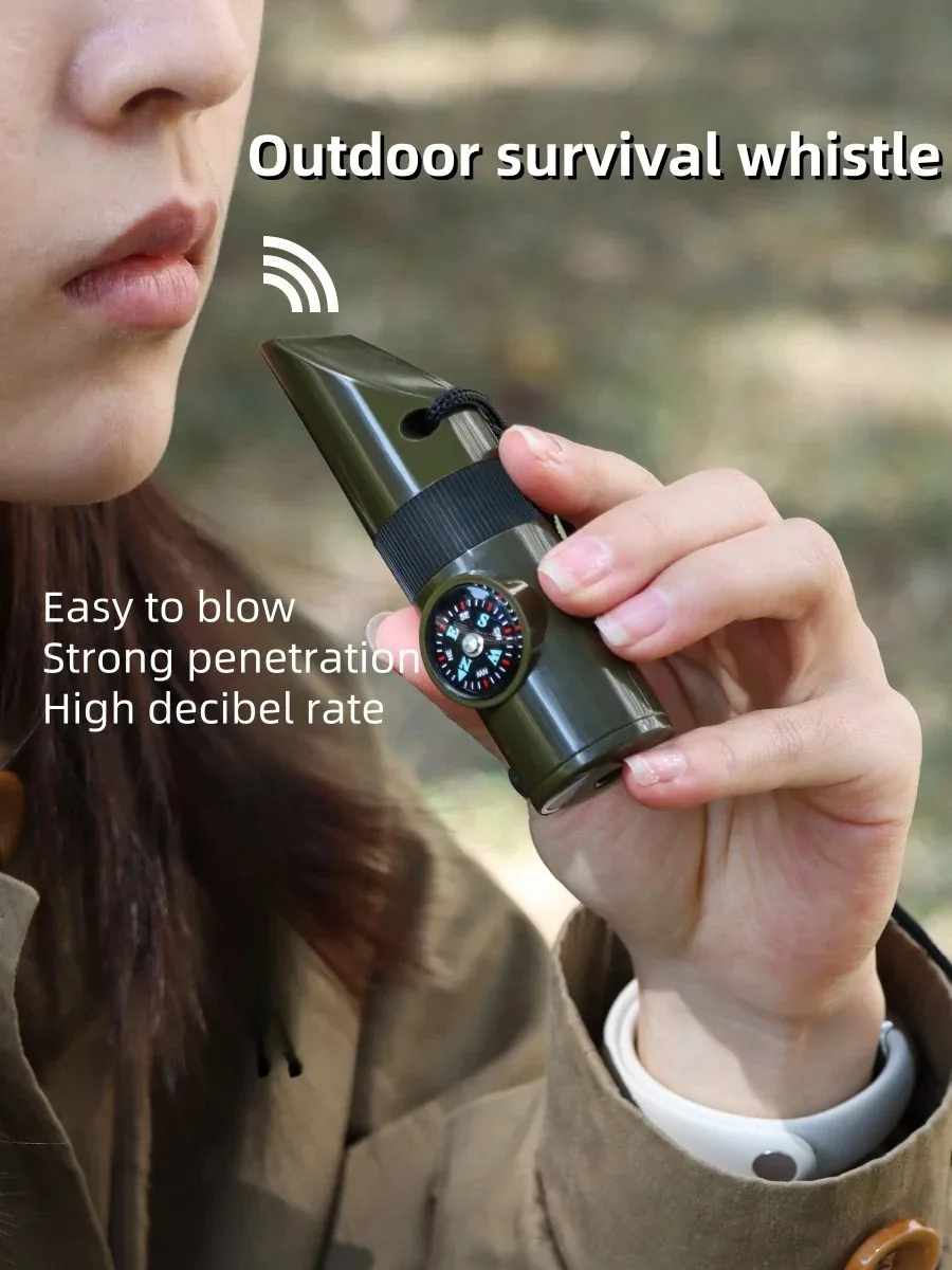 Silbato de Supervivencia 7 en 1 con Brújula, Termómetro, Lupa con Luz LED – Silbato de Emergencia con Almacenamiento en Espejo para Camping, Senderismo y Actividades al Aire Libre
