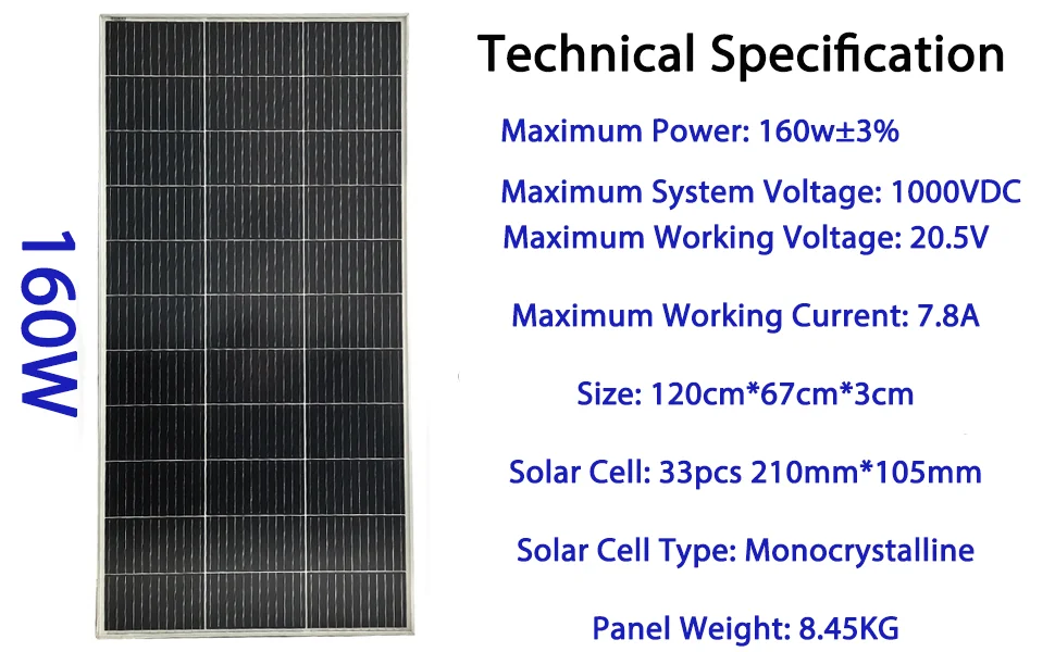 18V Solar Panel 160W Starre Glas Solar Panel Monocrystaillne Solarzelle Für 12V/24V Batterie Ladung 1000w System Kits Für Zuhause – Detail 4